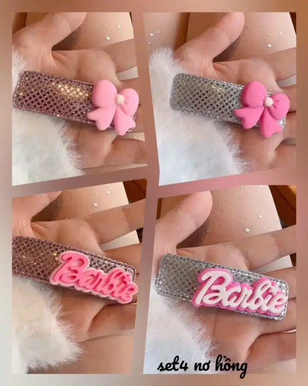 Set kẹp tóc 4 chi tiết chữ Barbie nơ Hồng dễ thương