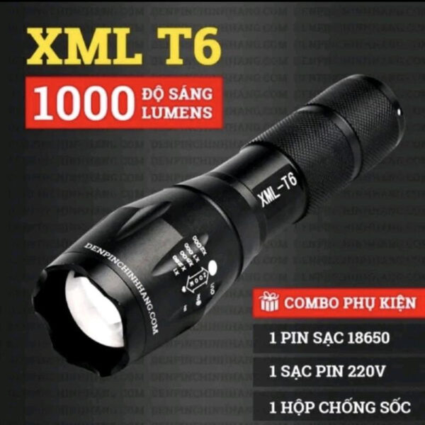 Đèn pin cầm tay T6 siêu sáng, vỏ hợp kim nhôm, kèm pin 18650 và sạc Zoom X2000M